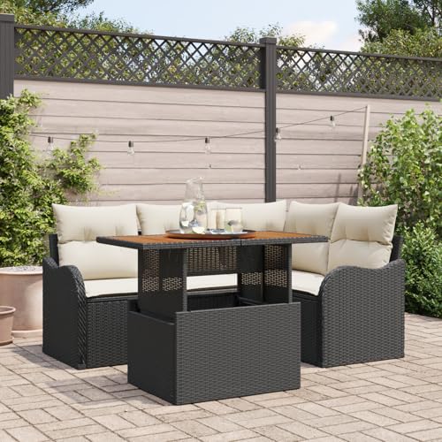 HOMEELIKE 5-teiliges Garten-Sofa-Set mit Kissen Schwarz Poly-Rattan Akazie von HOMEELIKE