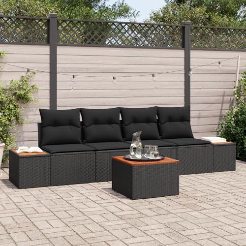 HOMEELIKE 5-teiliges Garten Sofa Set mit Kissen Schwarz Poly Rattan Akazie von HOMEELIKE