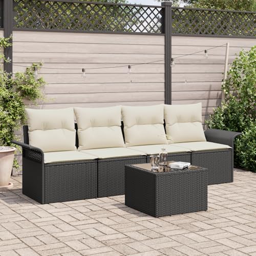 HOMEELIKE 5-teiliges Garten-Sofa-Set mit Kissen - Schwarzes Poly-Rattan von HOMEELIKE