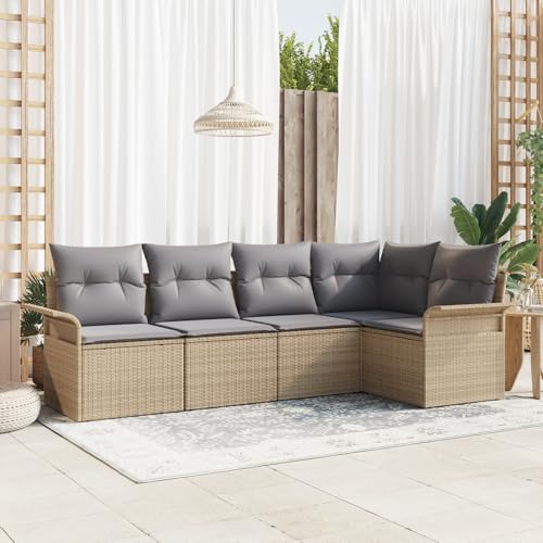 HOMEELIKE 5-teiliges Garten-Sofa-Set mit Kissen in Beige aus Poly-Rattan von HOMEELIKE
