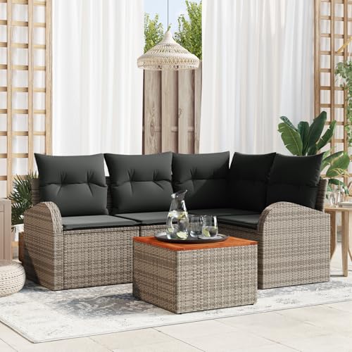 HOMEELIKE 5-teiliges Gartensofa Set mit Kissen Grau Poly Rattan Akazie von HOMEELIKE