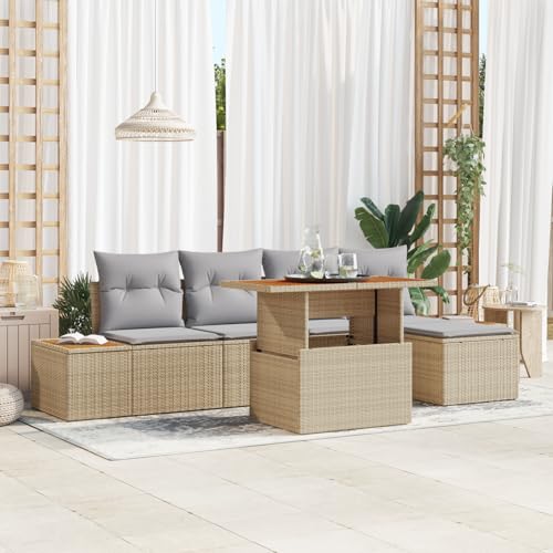 HOMEELIKE 6-TLG. Garten-Essgruppe mit Kissen Beige Poly Rattan Akazie von HOMEELIKE