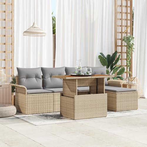 HOMEELIKE 6-TLG. Garten-Essgruppe mit Kissen Beige Poly Rattan Akazie von HOMEELIKE