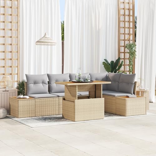 HOMEELIKE 6-TLG. Garten-Essgruppe mit Kissen Beige Poly Rattan Akazie von HOMEELIKE