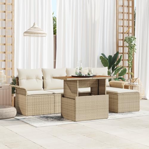 HOMEELIKE 6-TLG. Garten-Essgruppe mit Kissen Beige Poly Rattan Akazie von HOMEELIKE