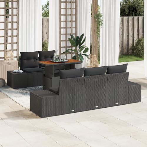 HOMEELIKE 6-TLG. Garten-Essgruppe mit Kissen Schwarz Poly Rattan Akazie von HOMEELIKE