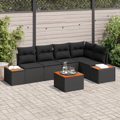 HOMEELIKE 6-teilige Garten Sofa Set mit Kissen Schwarz Poly Rattan Akazie von HOMEELIKE