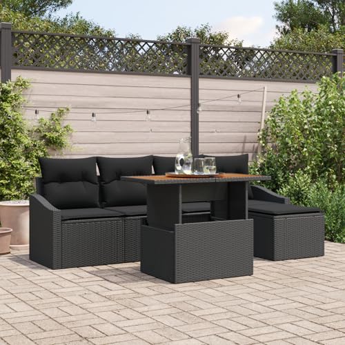 HOMEELIKE 6-teiliges Garten-ESS-Set mit Kissen schwarzes Poly Rattan Akazie von HOMEELIKE