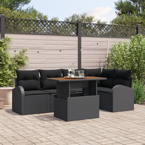 HOMEELIKE 6-teiliges Garten Essgruppen Set mit Kissen Schwarz Poly Rattan Akazie von HOMEELIKE