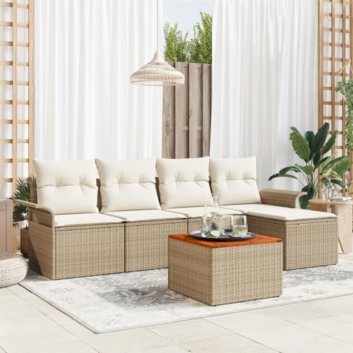 HOMEELIKE 6-teiliges Garten-Sofa-Set mit Kissen Beige Poly Rattan Akazie von HOMEELIKE