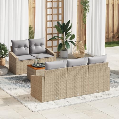 HOMEELIKE 6-teiliges Garten Sofa Set mit Kissen Beige Poly Rattan Akazie von HOMEELIKE