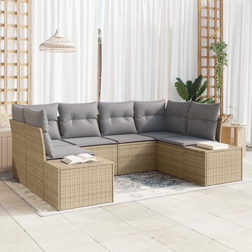 HOMEELIKE 6-teiliges Garten Sofa Set mit Kissen Beige Poly Rattan von HOMEELIKE