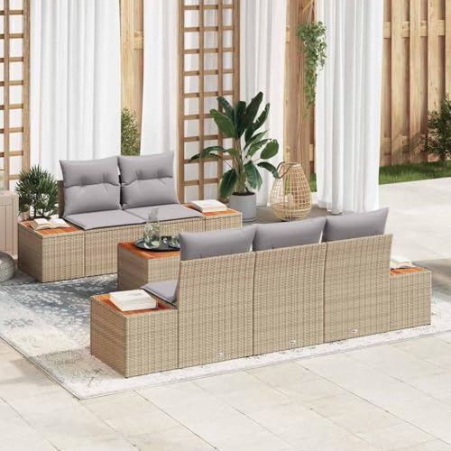 HOMEELIKE 6-teiliges Gartensofa-Set mit Kissen in Beige aus Poly Rattan und Akazie HOMEELIKE 6-teiliges Gartensofa-Set mit Kissen in Beige aus Poly Rattan und Akazie von HOMEELIKE