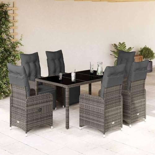 HOMEELIKE Komfortables 7tlg. Poly Rattan Bistro-Set mit Kissen, verstellbarem Gartensessel und Glas-Tischplatte, ideal f¨¹r Outdoor von HOMEELIKE