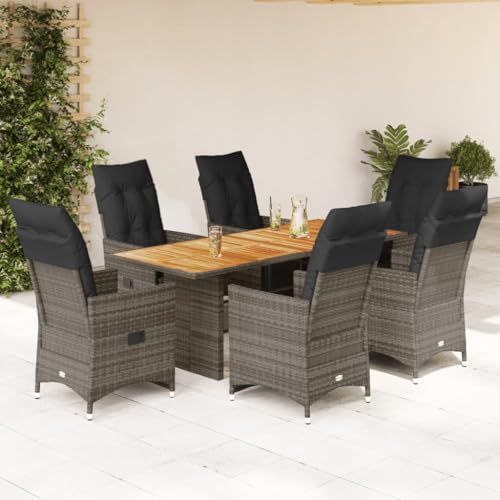 HOMEELIKE 7-TLG. Garten-Bistro-Set mit Kissen Grau Poly Rattan von HOMEELIKE