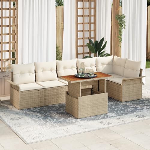 HOMEELIKE 7-TLG. Garten-Essgruppe mit Kissen Beige Poly Rattan Akazie von HOMEELIKE
