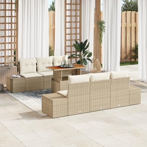 HOMEELIKE 7-TLG. Garten-Essgruppe mit Kissen Beige Poly Rattan Akazie von HOMEELIKE