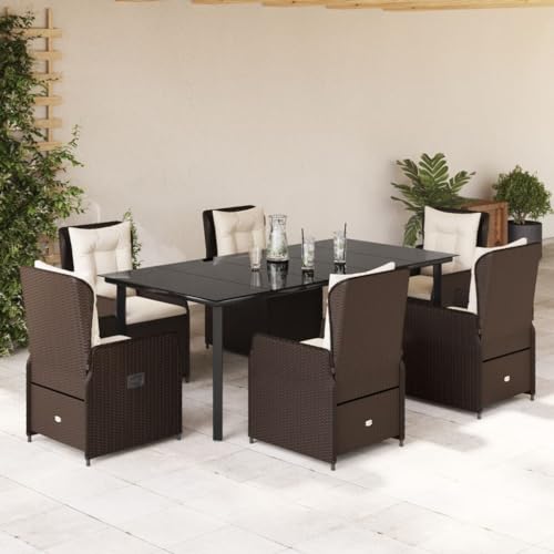 HOMEELIKE Essgruppe 7 TLG, Poly Rattan, braune Kissen, wetterfeste Gartenm?Bel mit Glasplatte und verstellbarem Sessel von HOMEELIKE