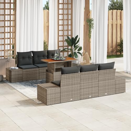 HOMEELIKE 7-TLG. Garten-Essgruppe mit Kissen Grau Poly Rattan Akazie von HOMEELIKE