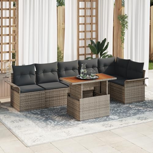 HOMEELIKE 7-TLG. Garten-Essgruppe mit Kissen Grau Poly Rattan Akazie von HOMEELIKE