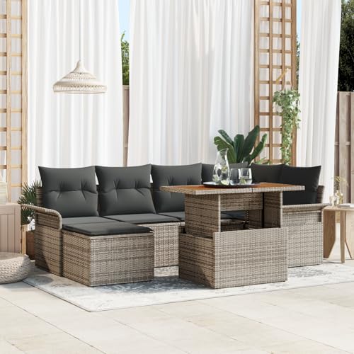 HOMEELIKE 7-TLG. Garten-Essgruppe mit Kissen Grau Poly Rattan Akazie von HOMEELIKE