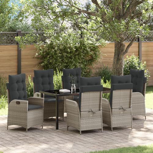 HOMEELIKE 7-TLG. Garten-Essgruppe mit Kissen Hellgrau Poly Rattan von HOMEELIKE