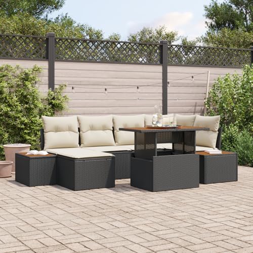 HOMEELIKE 7-TLG. Garten-Essgruppe mit Kissen Schwarz Poly Rattan Akazie von HOMEELIKE