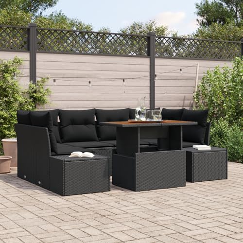 HOMEELIKE 7-TLG. Garten-Essgruppe mit Kissen Schwarz Poly Rattan Akazie von HOMEELIKE
