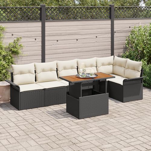 HOMEELIKE 7-TLG. Garten-Essgruppe mit Kissen Schwarz Poly Rattan Akazie von HOMEELIKE