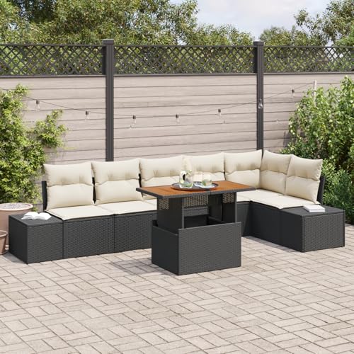 HOMEELIKE 7-TLG. Garten-Essgruppe mit Kissen Schwarz Poly Rattan Akazie von HOMEELIKE