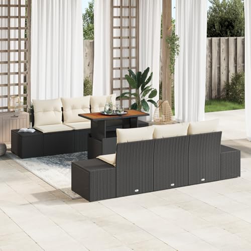 HOMEELIKE 7-TLG. Garten-Essgruppe mit Kissen Schwarz Poly Rattan Akazie von HOMEELIKE