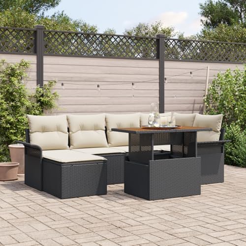 HOMEELIKE 7-TLG. Garten-Essgruppe mit Kissen Schwarz Poly Rattan Akazie von HOMEELIKE