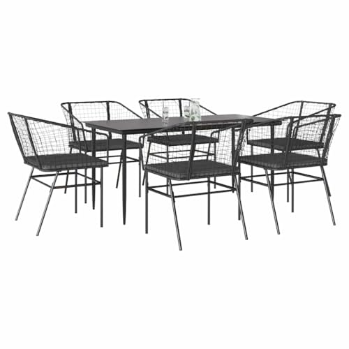HOMEELIKE 7-TLG. Garten-Essgruppe mit Kissen Schwarz Poly Rattan Glas von HOMEELIKE
