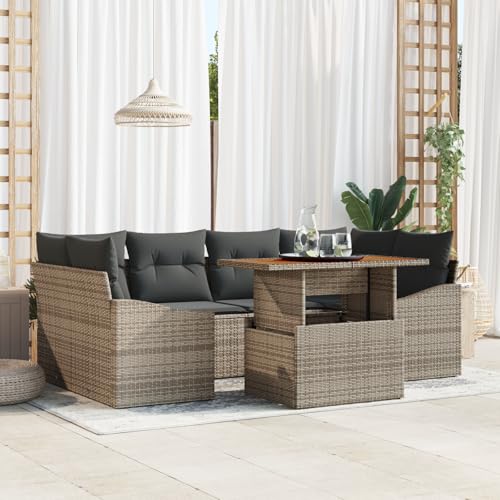 HOMEELIKE 7-teilige Garten Essgruppe mit Kissen Grau Poly Rattan Akazie von HOMEELIKE