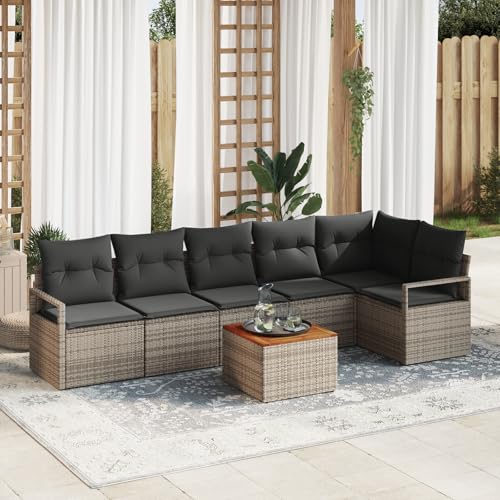 HOMEELIKE 7-teilige Garten Sofa Set mit Kissen Grau Poly Rattan Akazie von HOMEELIKE