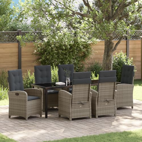 HOMEELIKE 7-teiliges Garten-Dining-Set mit Kissen Grau Poly-Rattan von HOMEELIKE