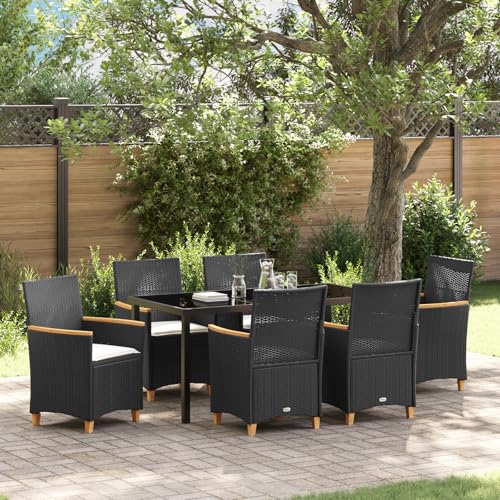 HOMEELIKE 7-teiliges Garten-Dining-Set mit Kissen Schwarz Poly-Rattan von HOMEELIKE