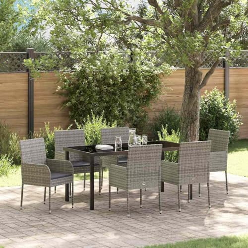 HOMEELIKE 7-teiliges Garten-ESS-Set mit Kissen, Grau, Poly Rattan von HOMEELIKE