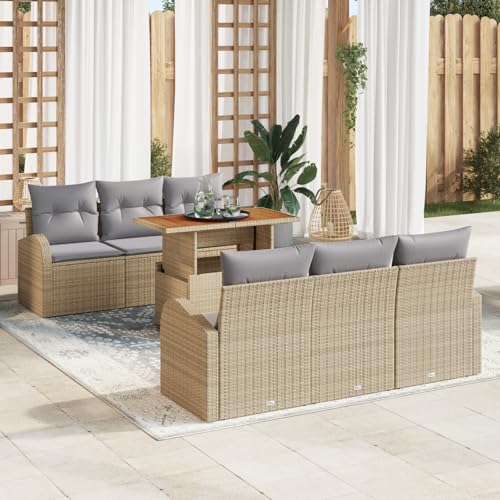 HOMEELIKE 7-teiliges Garten-Essgruppen-Set mit Kissen in Beige Poly Rattan Akazie von HOMEELIKE
