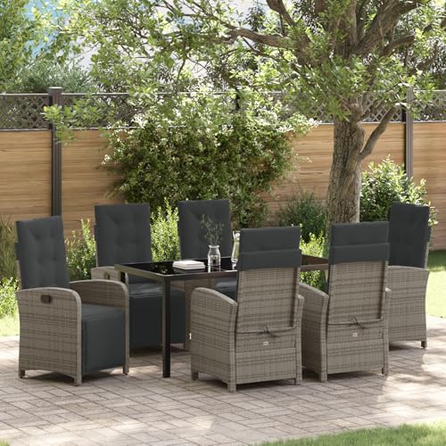 HOMEELIKE 7-teiliges Garten-Essgruppen-Set mit Kissen in Grau aus Poly Rattan von HOMEELIKE