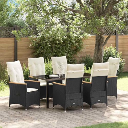 HOMEELIKE 7-teiliges Garten-Esszimmer-Set mit Kissen in Schwarz aus Poly-Rattan. von HOMEELIKE