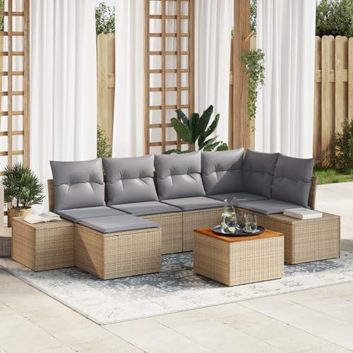 HOMEELIKE 7-teiliges Garten Sofa Set mit Kissen Beige Poly Rattan Akazie von HOMEELIKE