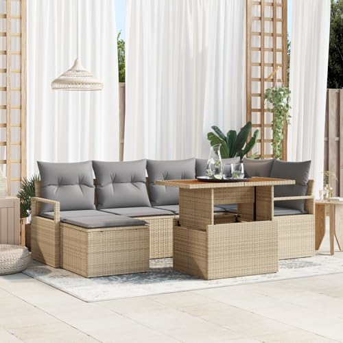 HOMEELIKE 7-teiliges Garten-Sofa-Set mit Kissen Beige Poly Rattan Akazie HOMEELIKE 7-teiliges Garten-Sofa-Set mit Kissen Beige Poly Rattan Akazie von HOMEELIKE
