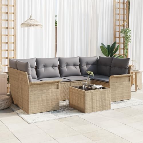HOMEELIKE 7-teiliges Garten-Sofa-Set mit Kissen Beige Poly Rattan von HOMEELIKE