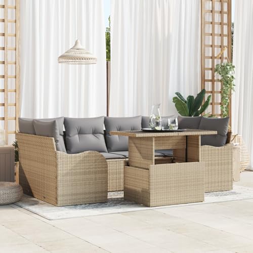 HOMEELIKE 7-teiliges Garten Sofa Set mit Kissen Beige Poly Rattan von HOMEELIKE