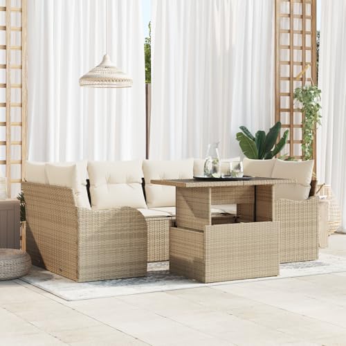 HOMEELIKE 7-teiliges Garten Sofa Set mit Kissen Beige Poly Rattan von HOMEELIKE