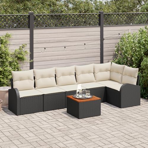 HOMEELIKE 7-teiliges Garten Sofa Set mit Kissen Schwarz Poly Rattan Akazie von HOMEELIKE