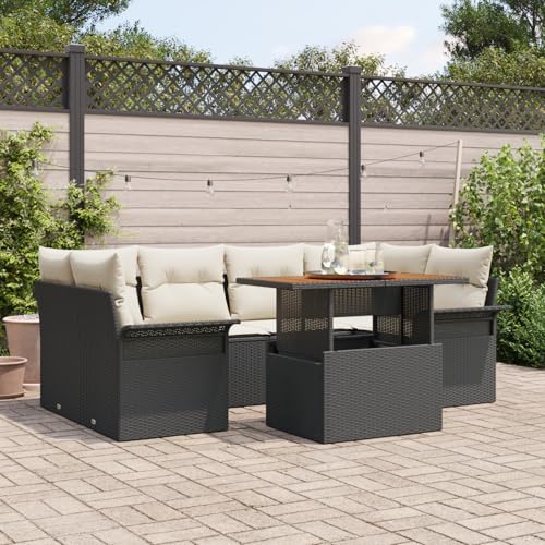 HOMEELIKE 7-teiliges Garten Sofa Set mit Kissen Schwarz Poly Rattan Akazie von HOMEELIKE