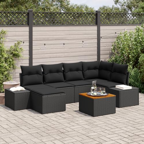 HOMEELIKE 7-teiliges Garten-Sofa-Set mit Kissen Schwarz Poly Rattan Akazie von HOMEELIKE