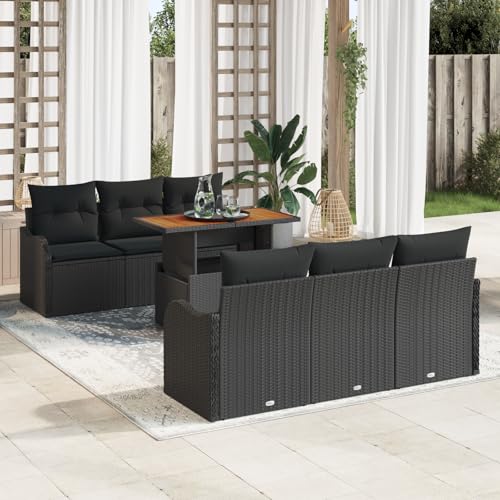 HOMEELIKE 7-teiliges Garten Sofa Set mit Kissen Schwarz Poly Rattan Akazie von HOMEELIKE